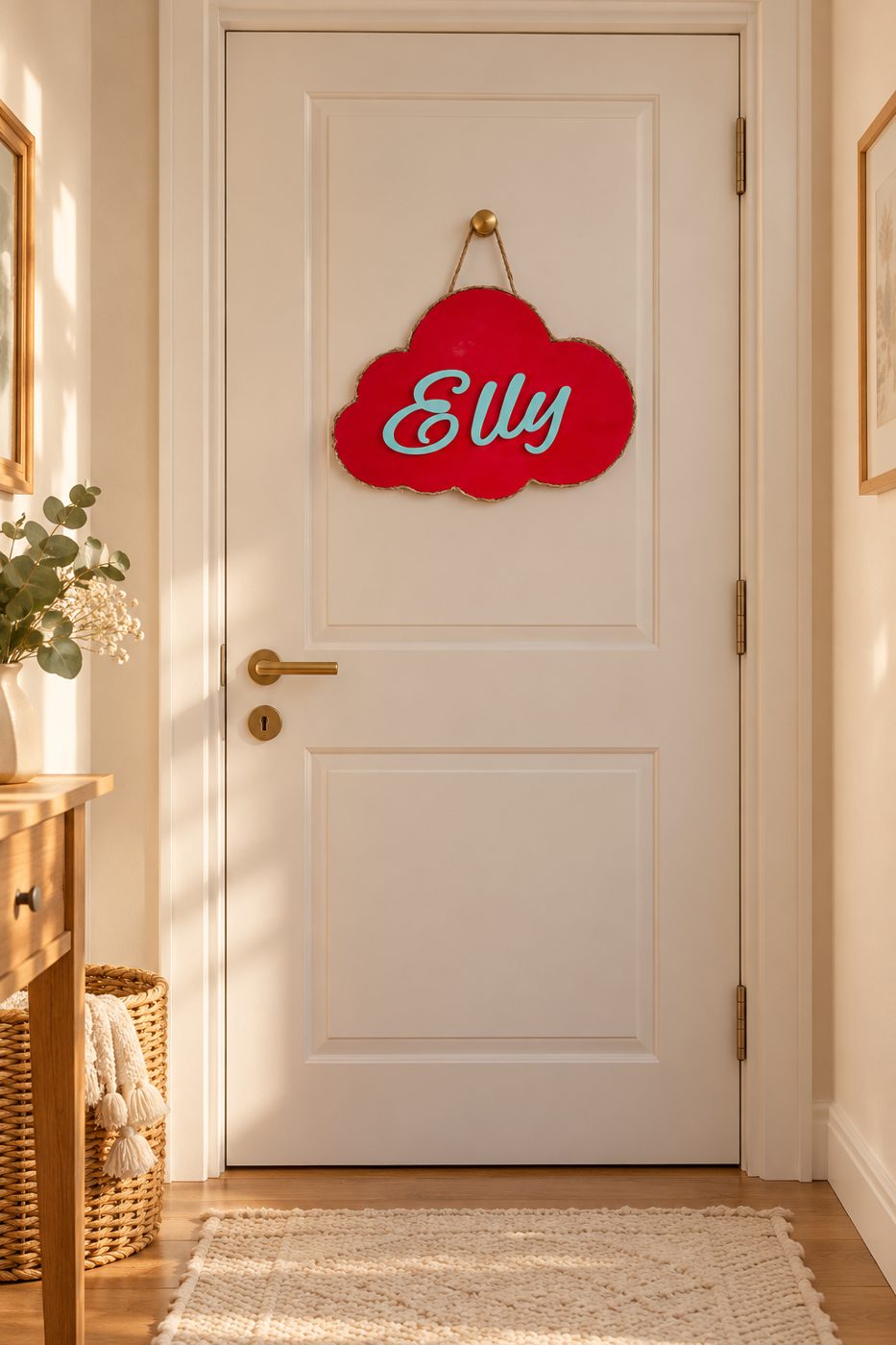 Plaque prénom en forme de nuage rouge, au prénom Elly, accrochée à une porte